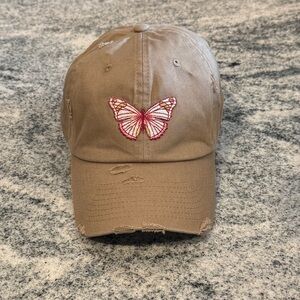 New Custom Designed Khaki Distressed Baseball Cap with Pink & Tan Butterfly